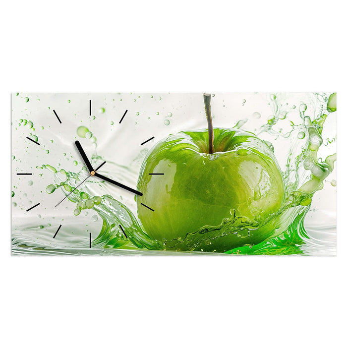 Wanduhr Apfel Spritzer aus Glas – Querformat 60 × 30 cm mit Ziffernblatt Linie