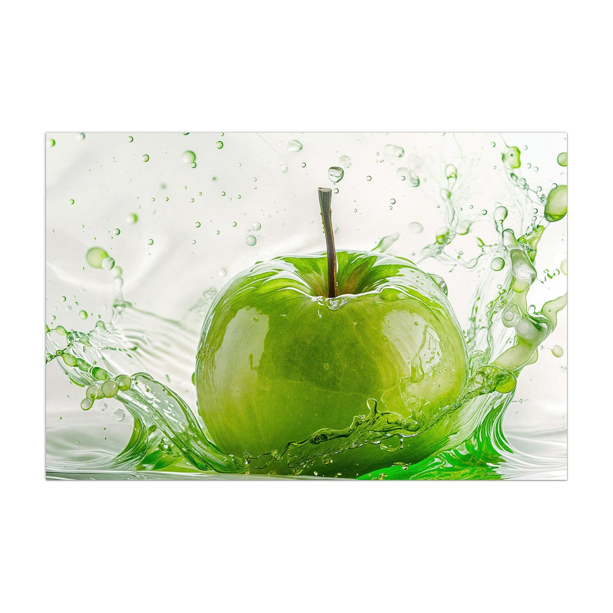 Küchenrückwand aus Glas Grüner Apfel im Spritzer im Hochformat, Motiv bildfüllend von vorn