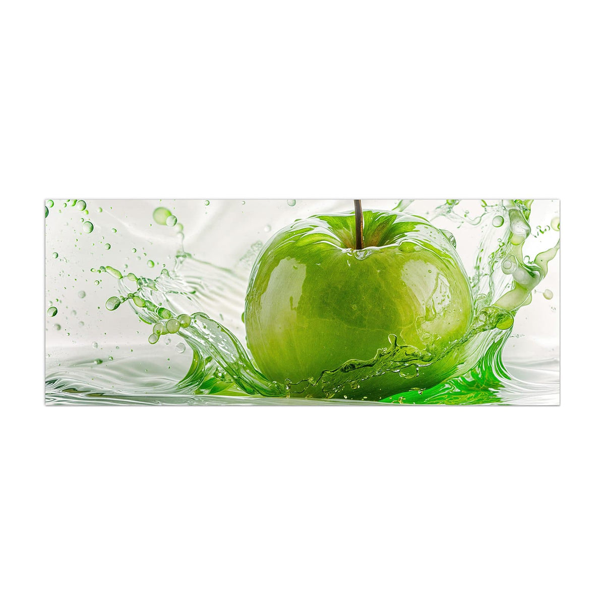 Küchenrückwand aus Glas Grüner Apfel im Spritzer im Hochformat, Motiv bildfüllend von vorn