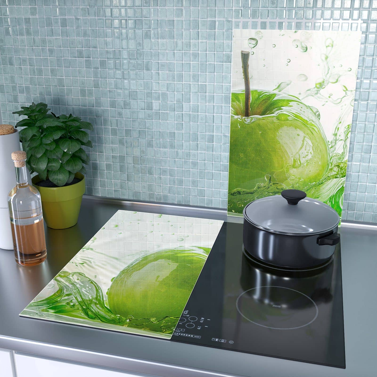 2-teilige Abdeckplatten für Ceranfeld mit Apfel Spritzer-Motiv als Spritzschutz hinter dem Kochfeld