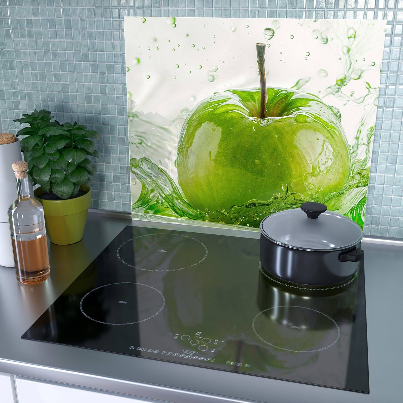 1-teilige Abdeckung für Herdplatten mit Apfel Spritzer-Motiv als Spritzschutz hinter dem Kochfeld