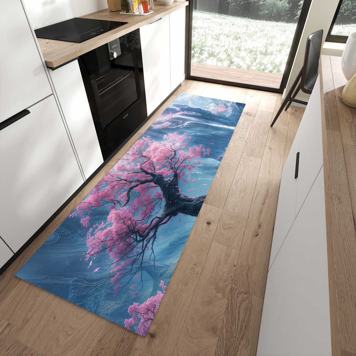 Flacher Bodenläufer mit Motiv Zauberhafte Landschaft in moderner Küche