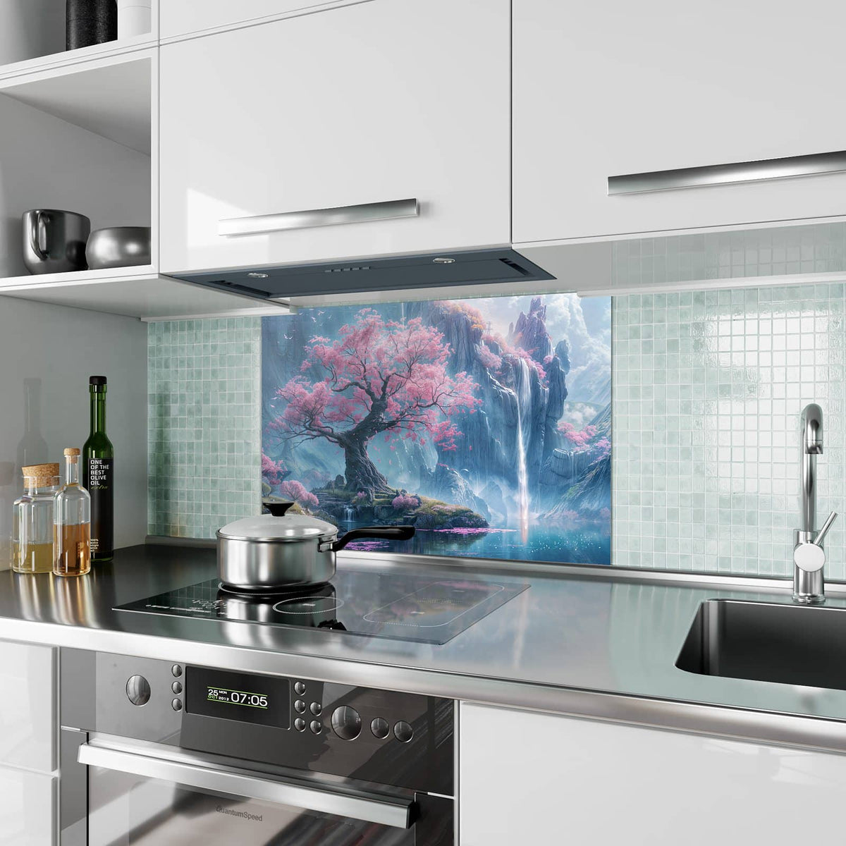 Küchenrückwand aus Glas Blütenbaum am Wasserfall im Hochformat als Spritzschutz hinter dem Kochfeld, über dem Fliesenspiegel montiert