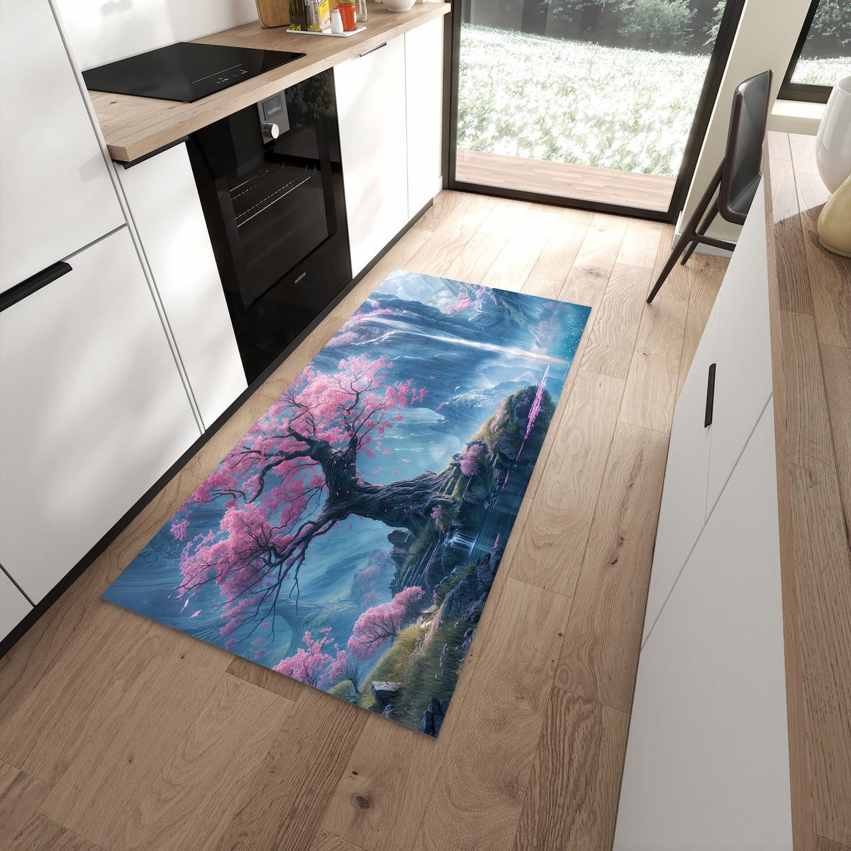 Rutschfester Küchenläufer mit Motiv Zauberhafte Landschaft in moderner Küche
