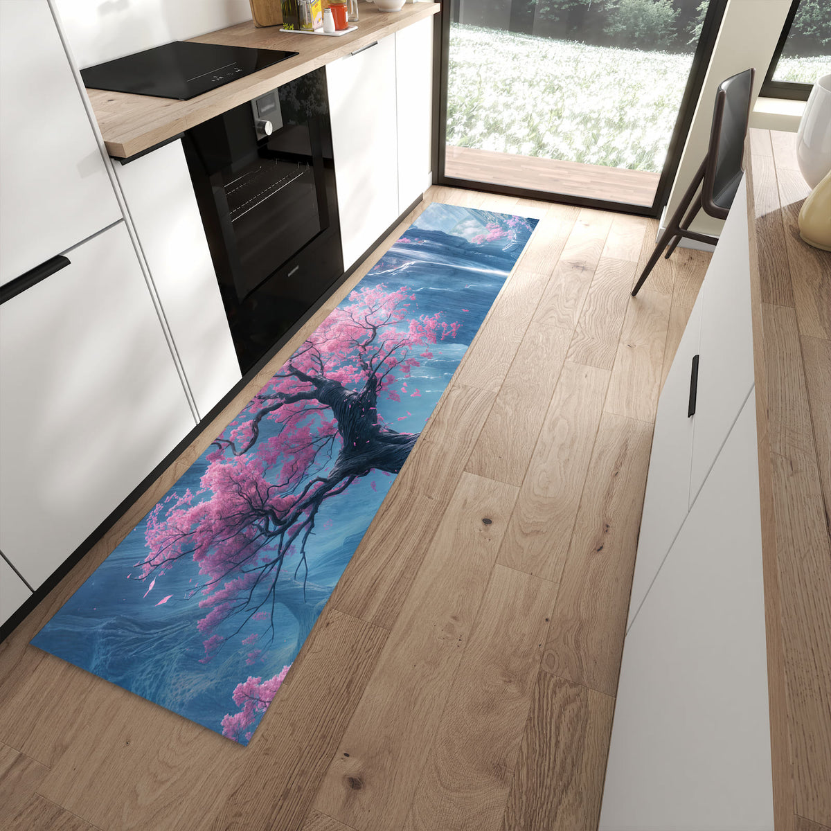 Fleckenresistenter waschbarer Teppich mit Motiv Zauberhafte Landschaft in moderner Küche