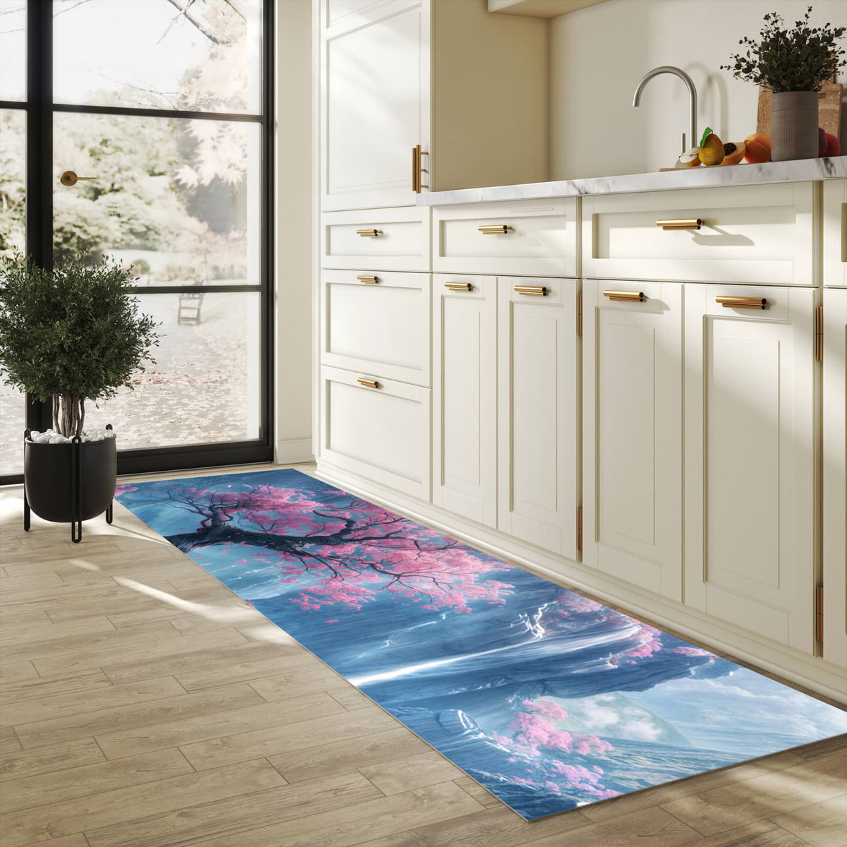 Bodenschonender Bodenläufer-Teppich mit Motiv Zauberhafte Landschaft in heller Küche