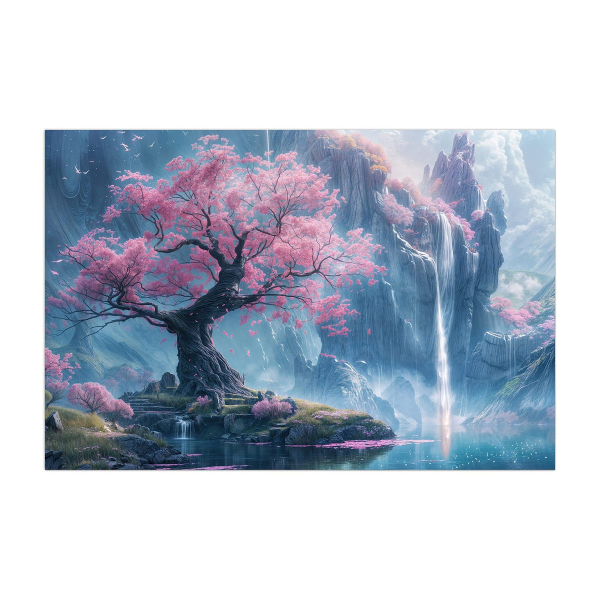 Küchenrückwand aus Glas Blütenbaum am Wasserfall im Hochformat, Motiv bildfüllend von vorn
