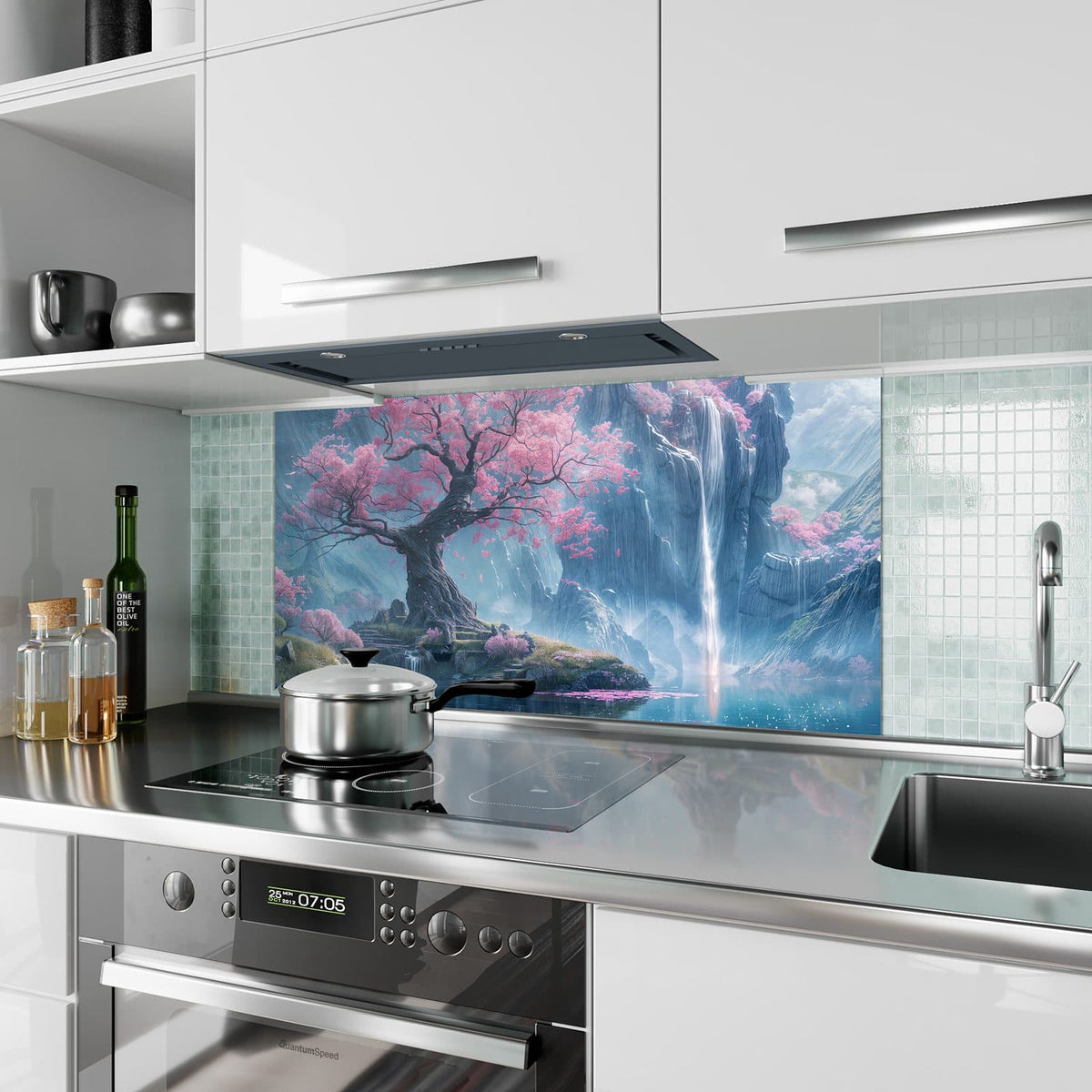 Küchenrückwand aus Glas Blütenbaum am Wasserfall im Hochformat als Spritzschutz hinter dem Kochfeld, über dem Fliesenspiegel montiert
