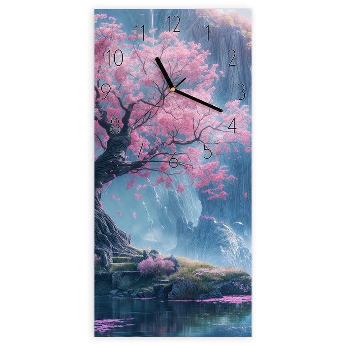 Wanduhr Zauberhafte Landschaft aus Glas – Hochformat 30 × 60 cm mit Ziffernblatt Elegant