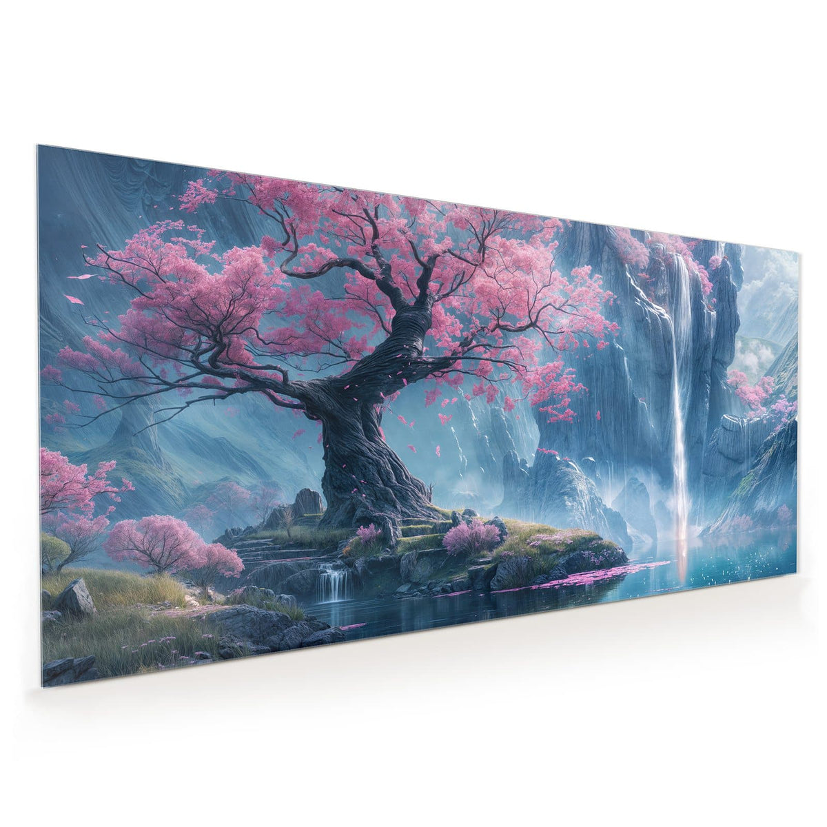 Küchenrückwand aus Glas im Hochformat mit Motiv Blütenbaum am Wasserfall: Rosa blühender Kirschbaum auf einer Felsinsel