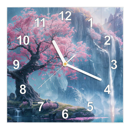 Wanduhr Quadratisch mit dem Motiv Blütenbaum am Wasserfall