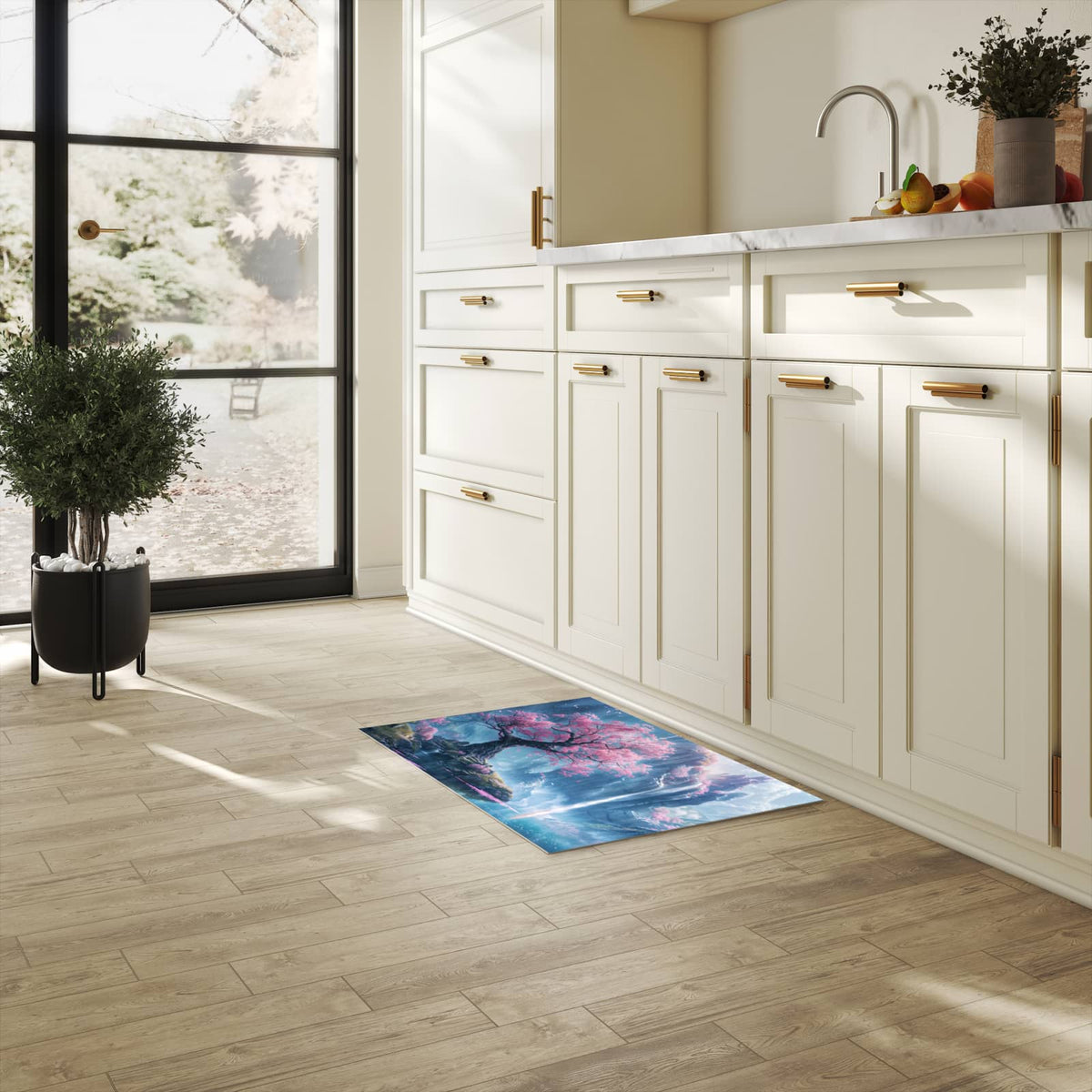 Waschbarer Teppich fürs Esszimmer mit Motiv Zauberhafte Landschaft in heller Küche