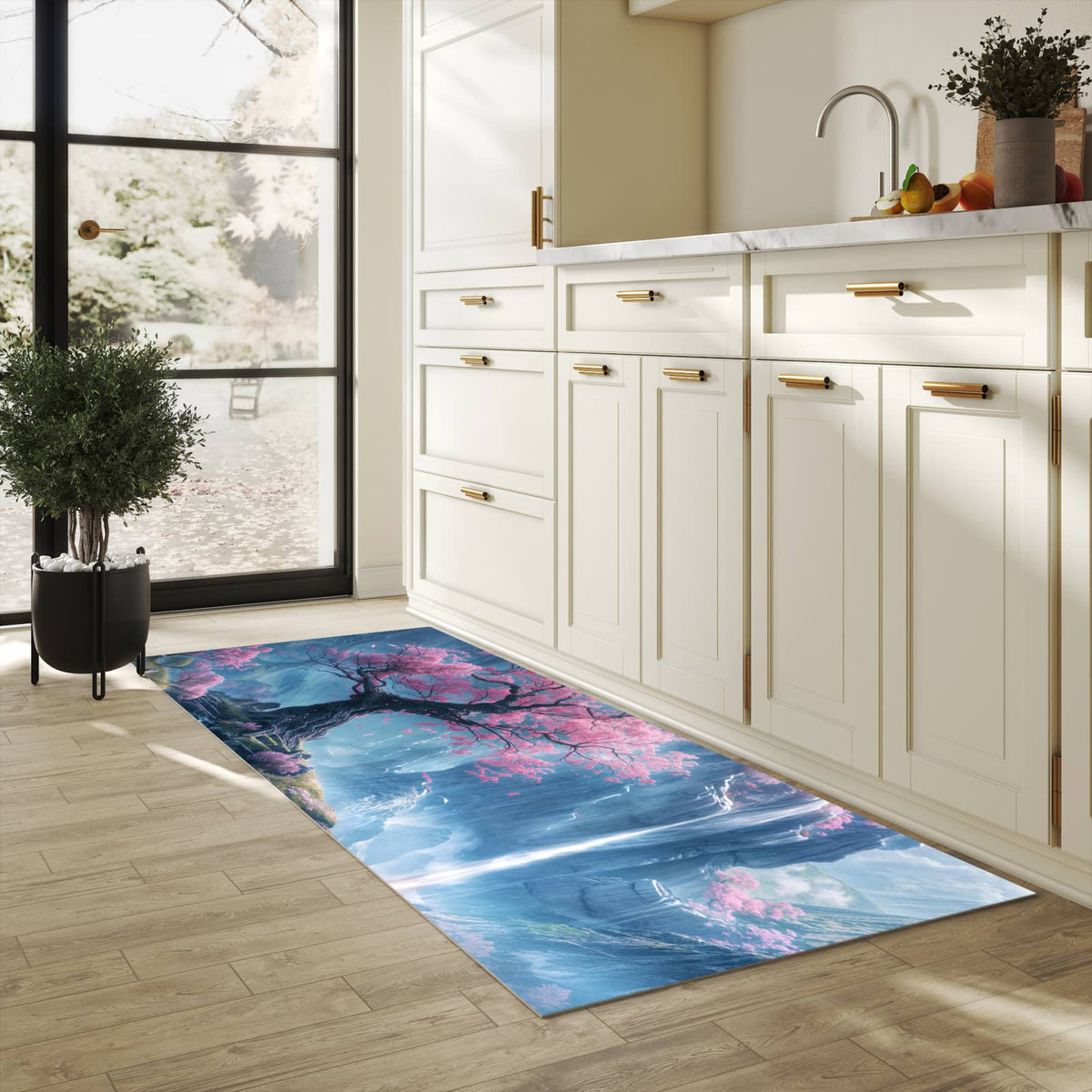 Bodenschonender waschbarer Küchenteppich mit Motiv Zauberhafte Landschaft in heller Küche