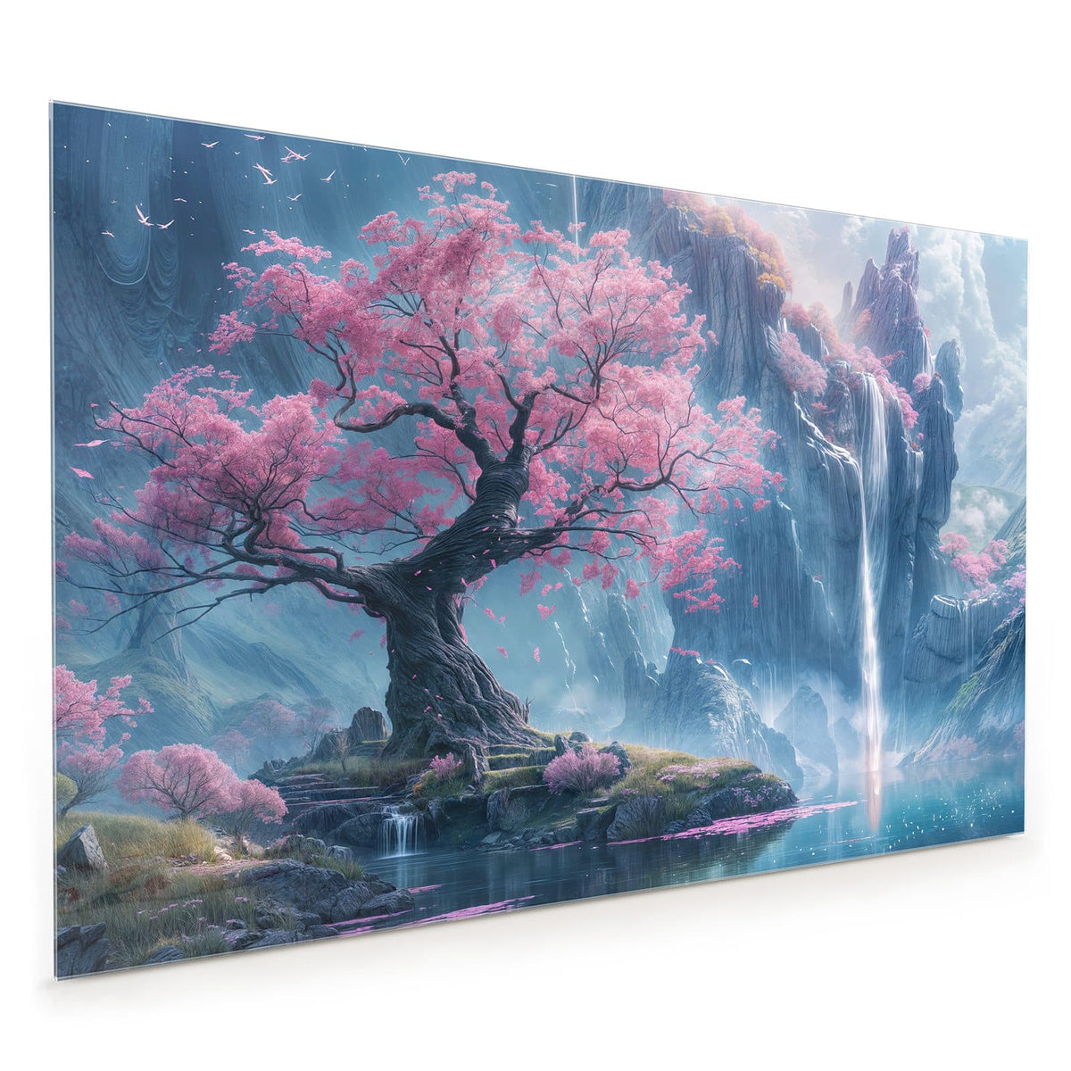 Küchenrückwand aus Glas im Hochformat mit Motiv Blütenbaum am Wasserfall: Rosa blühender Kirschbaum auf einer Felsinsel