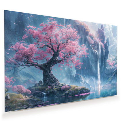 Wandbild mit dem Motiv Blütenbaum am Wasserfall