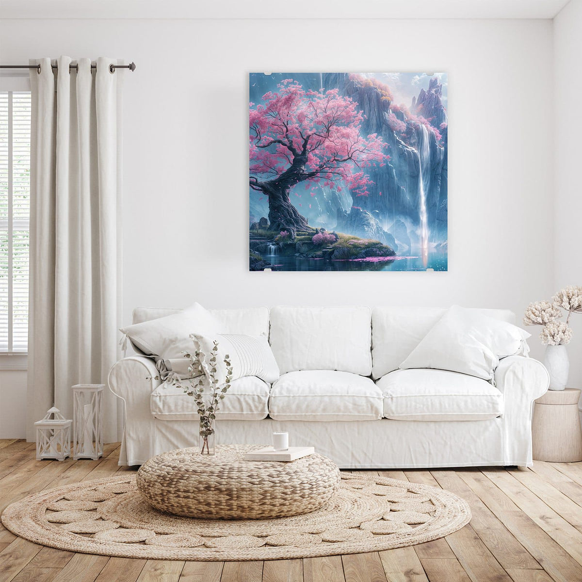 Glasbild Blütenbaum am Wasserfall an der Wand – Rosa blühender Kirschbaum auf einer Felsinsel, dahinter ein hoher Wasserfall vor blau verhangenen Klippen.