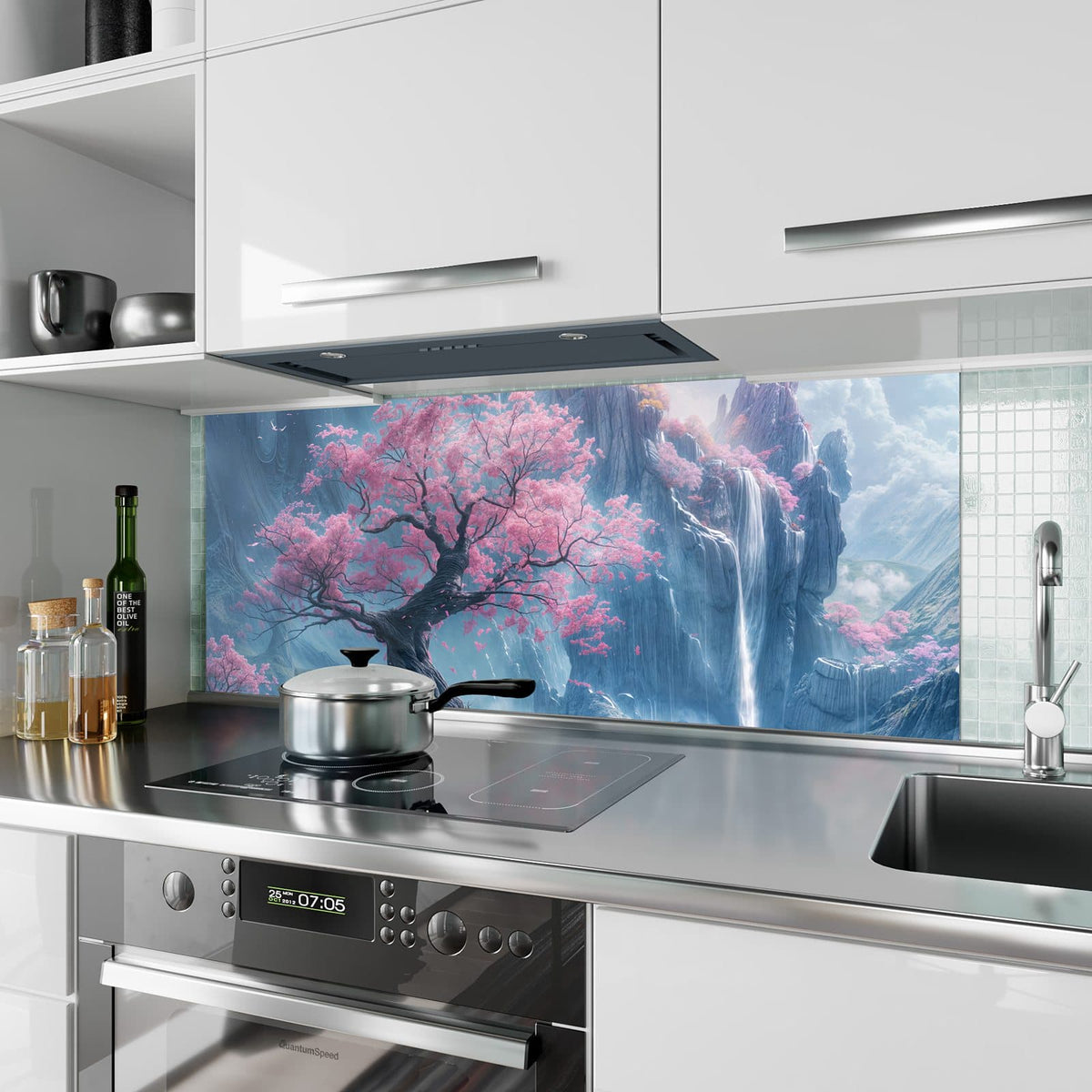 Küchenrückwand aus Glas Blütenbaum am Wasserfall im Hochformat als Spritzschutz hinter dem Kochfeld, über dem Fliesenspiegel montiert