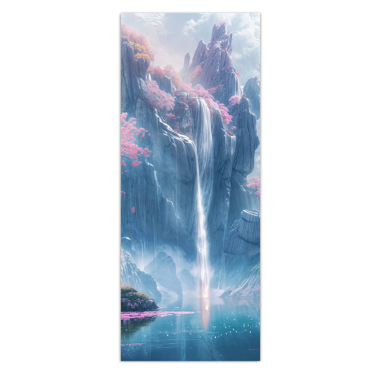 Wandbild - Blütenbaum am Wasserfall - Hochformat – Kirschblütenbaum am Wasserfall