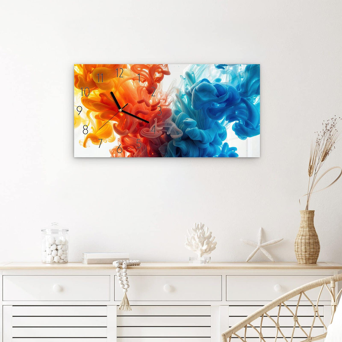 Wanduhr Farbige_ Wirbel aus Glas – Querformat 60 × 30 cm – Farbschwaden wie Tinte im Wasser