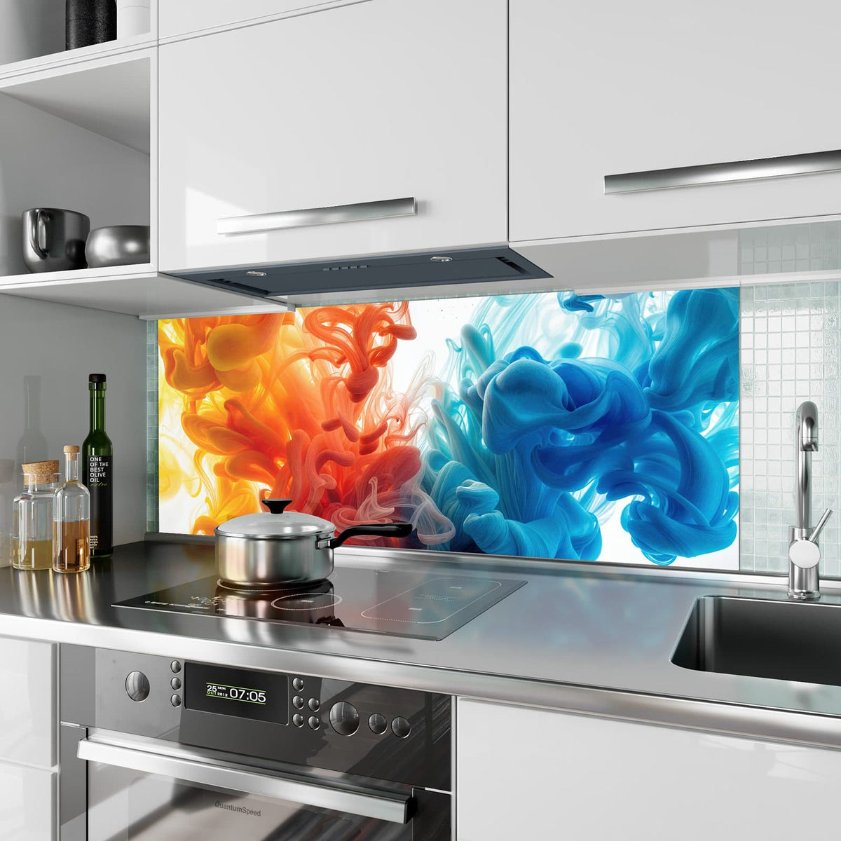 Küchenrückwand aus Glas Tinte im Wasser im Hochformat als Spritzschutz hinter dem Kochfeld, über dem Fliesenspiegel montiert