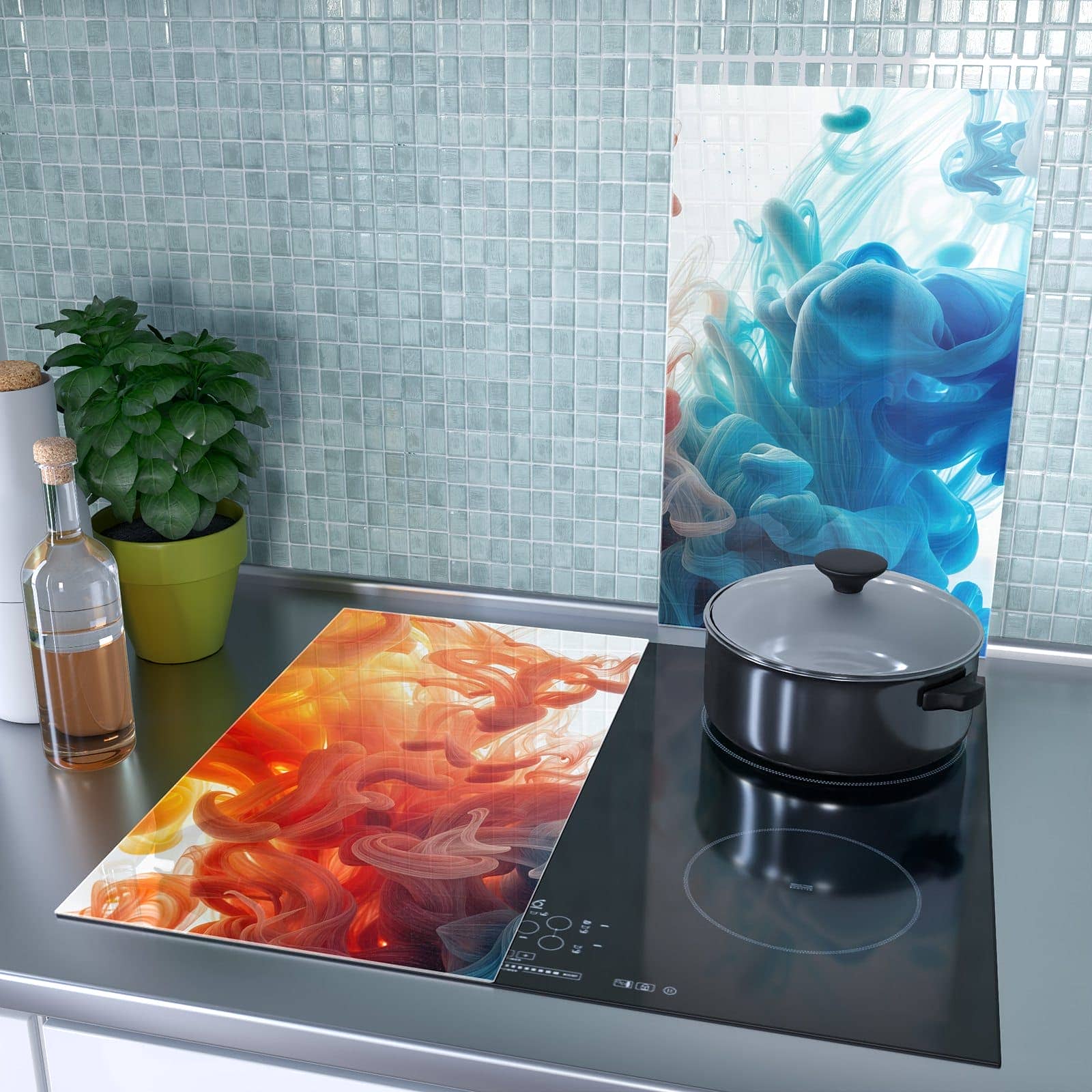2-teilige Herdabdeckplatten aus Glas mit Farbige_ Wirbel-Motiv als Spritzschutz hinter dem Kochfeld