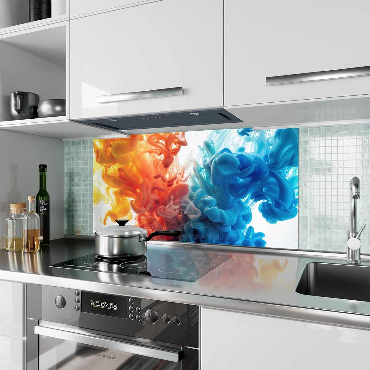Küchenrückwand aus Glas Tinte im Wasser im Hochformat als Spritzschutz hinter dem Kochfeld, über dem Fliesenspiegel montiert