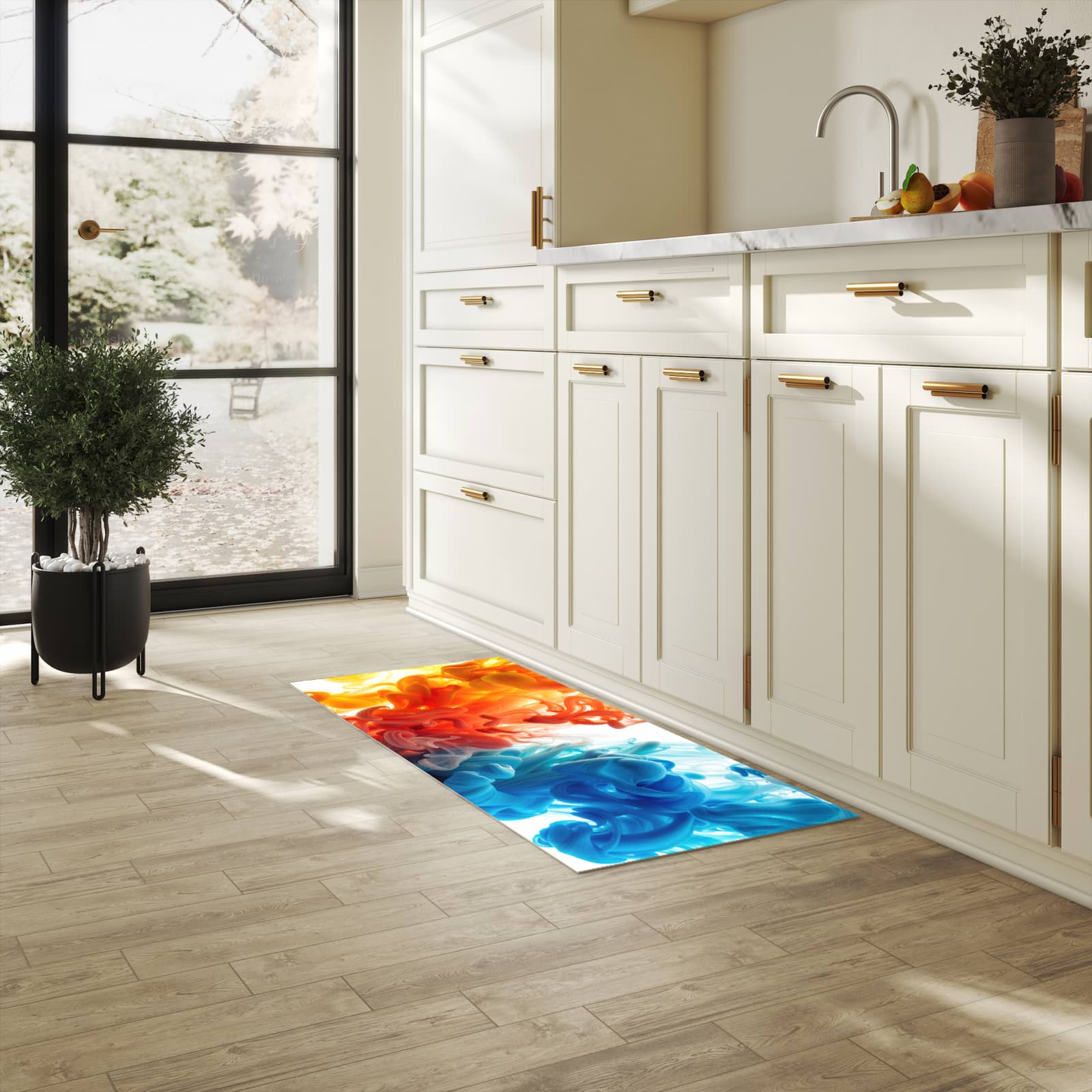 Langlebiger Küchenteppich mit Motiv Farbige_ Wirbel in heller Küche
