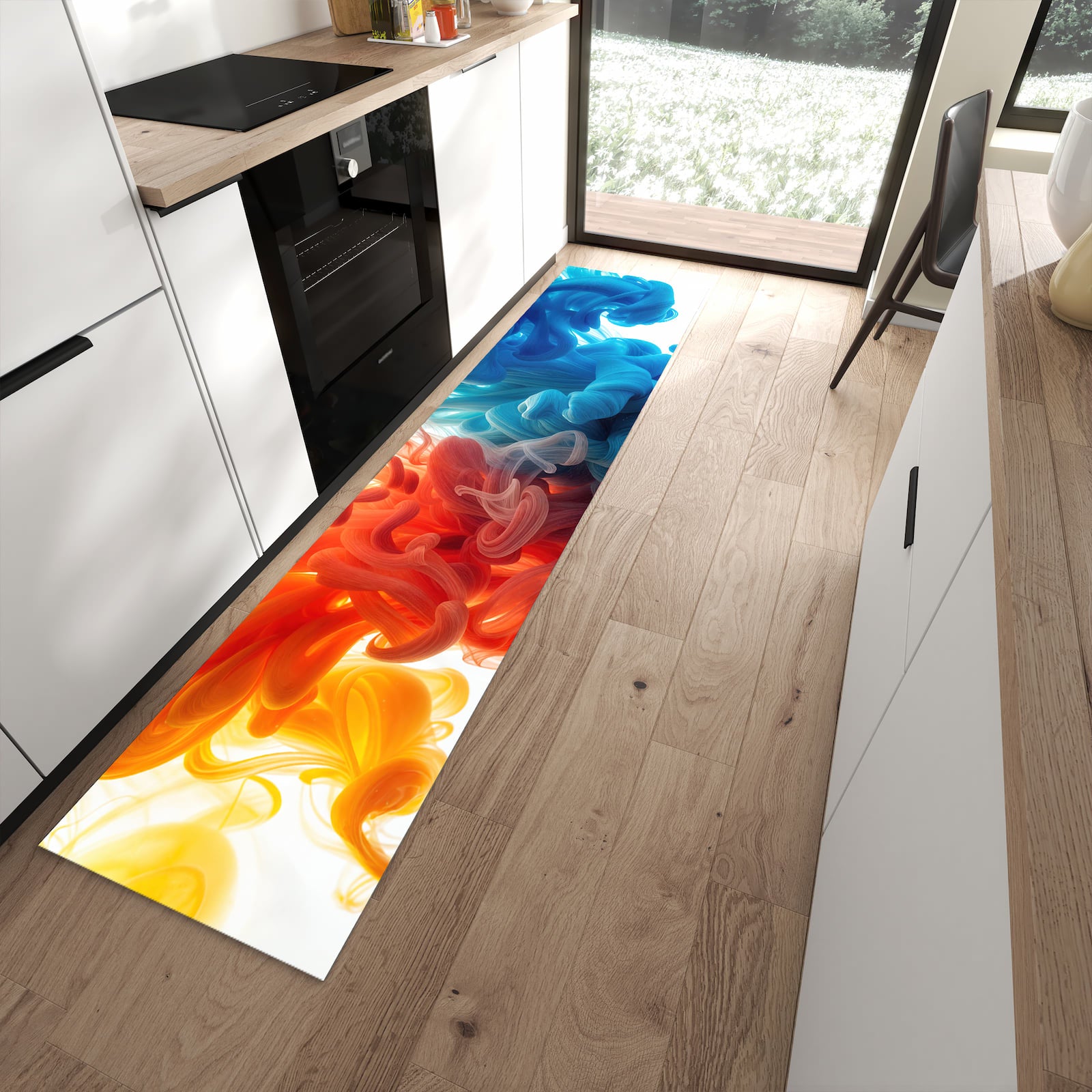 Feuchtigkeitsresistenter Küchenvorleger mit Motiv Farbige_ Wirbel in moderner Küche