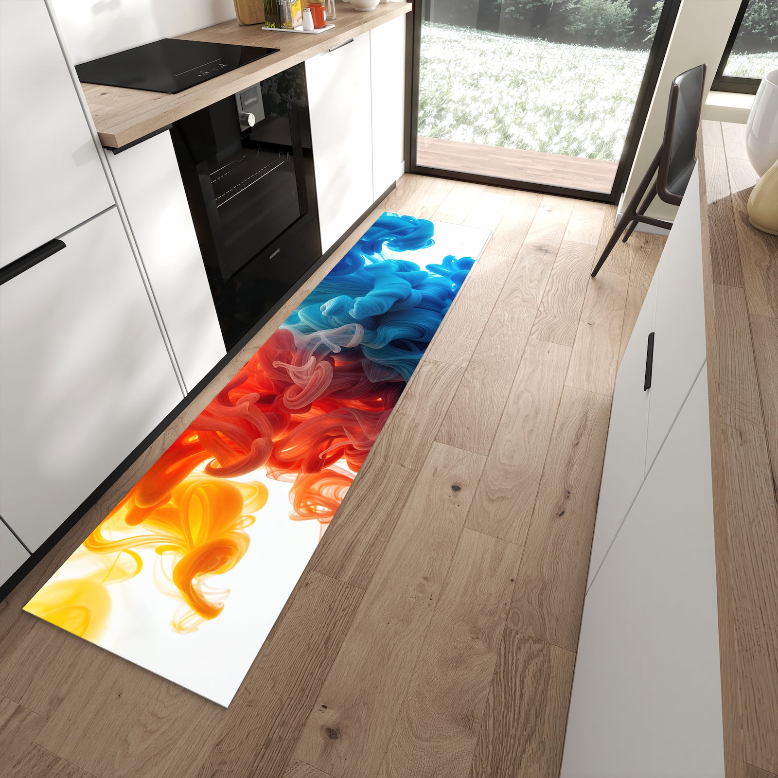 Rutschfester Küchenläufer mit Motiv Farbige_ Wirbel in moderner Küche