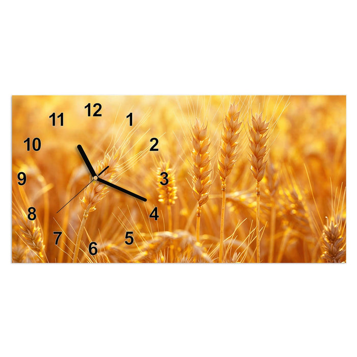 Wanduhr Goldene Ähren im Abendlicht aus Glas – Querformat 60 × 30 cm mit Ziffernblatt Modern