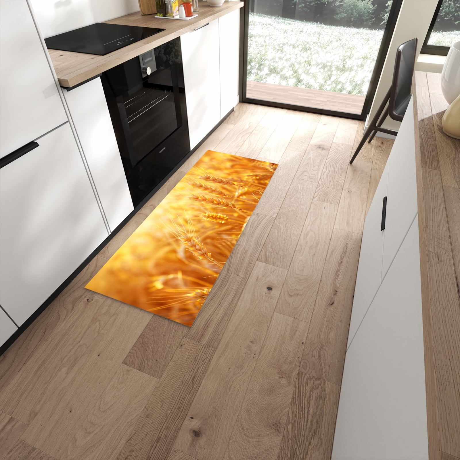 Wasserabweisender Küchenläufer mit Motiv Sonnenuntergang von Weizenfeld in moderner Küche #grösse_60 x 150 cm