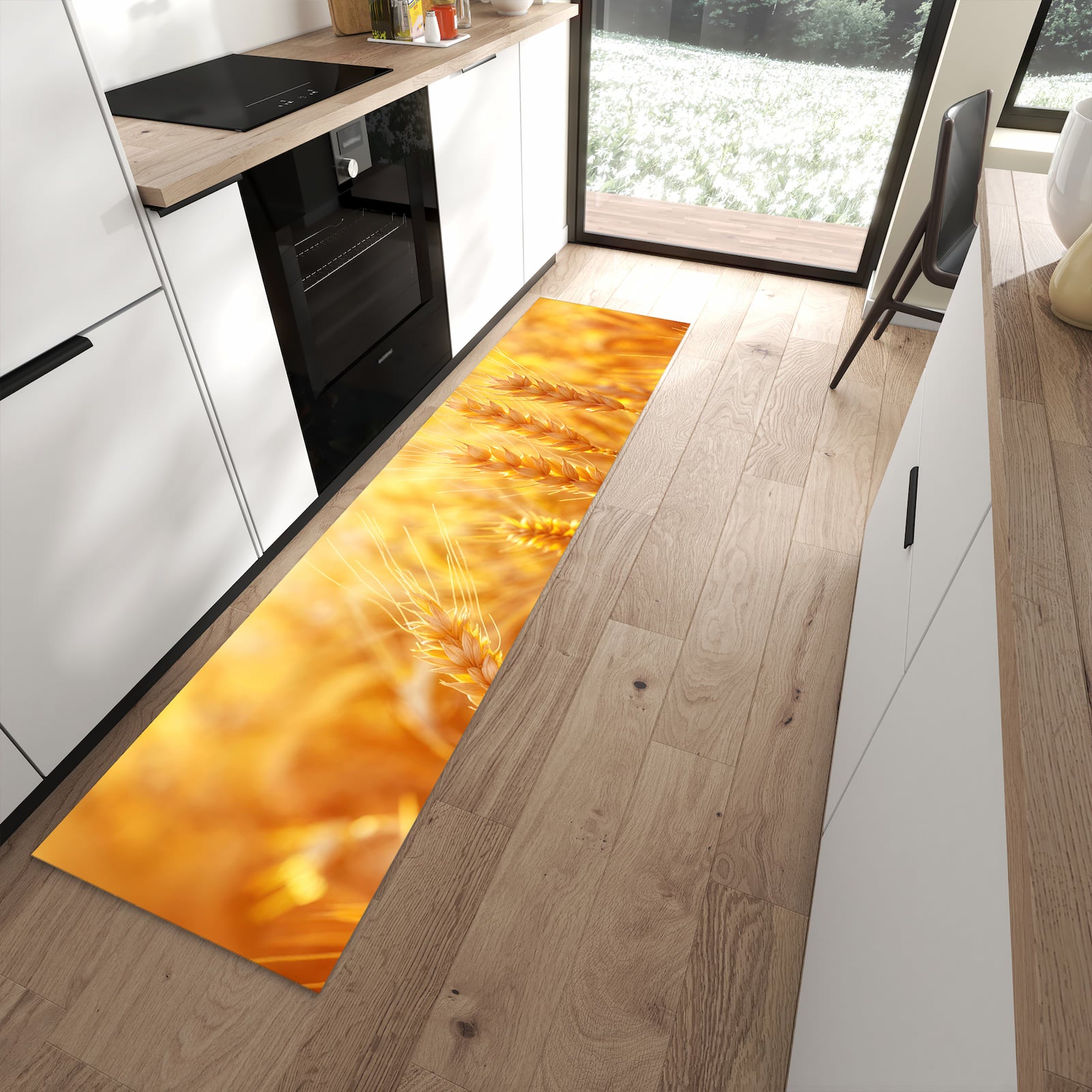 Schmutzabweisender Küchenläufer mit Motiv Sonnenuntergang von Weizenfeld in moderner Küche