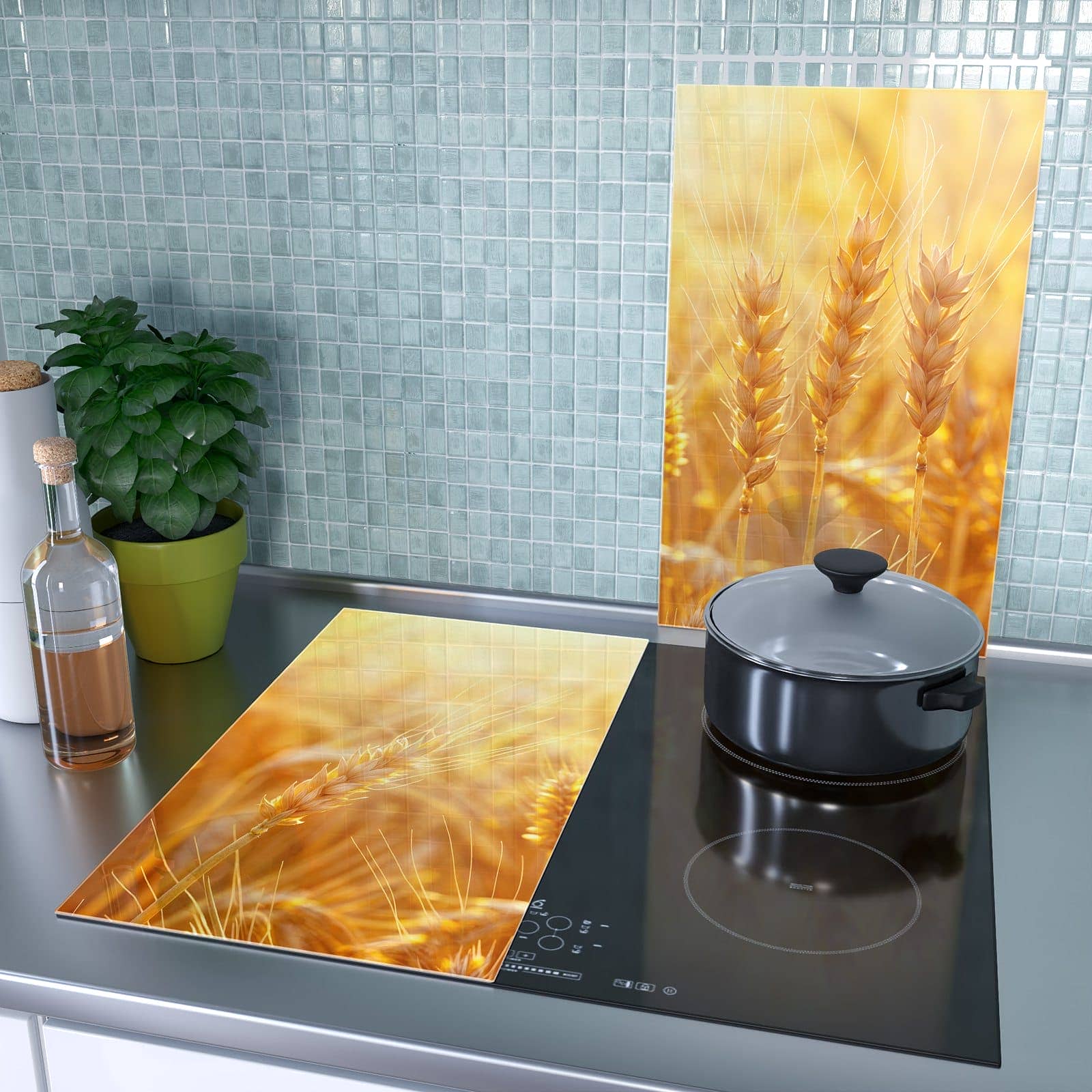 2-teilige Herdabdeckplatte mit Goldene Ähren im Abendlicht-Motiv als Spritzschutz hinter dem Kochfeld