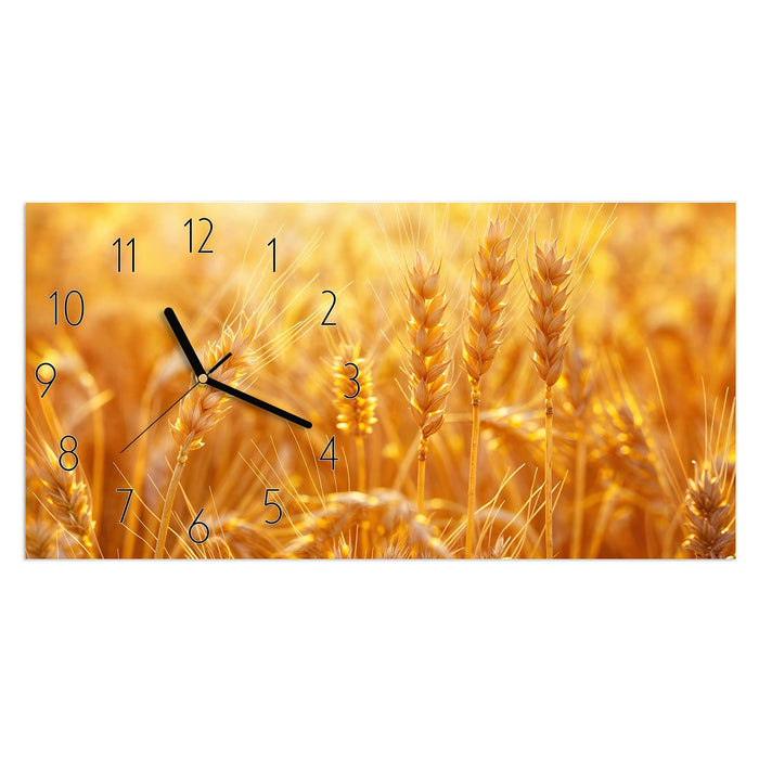Wanduhr Goldene Ähren im Abendlicht aus Glas – Querformat 60 × 30 cm mit Ziffernblatt Elegant