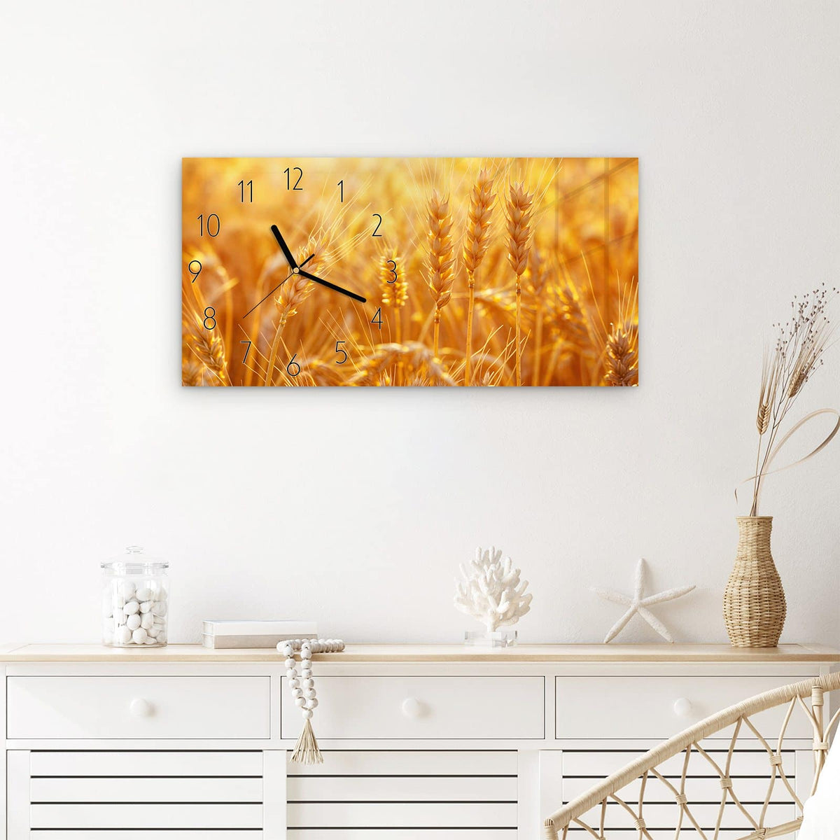 Wanduhr Goldene Ähren im Abendlicht aus Glas – Querformat 60 × 30 cm – Goldene Ähren im warmen Gegenlicht