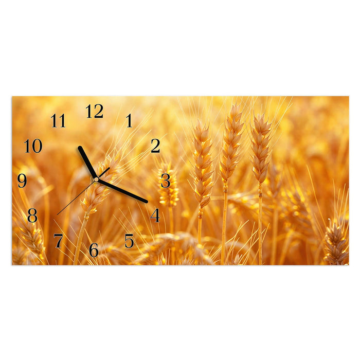 Wanduhr Goldene Ähren im Abendlicht aus Glas – Querformat 60 × 30 cm mit Ziffernblatt Klassisch