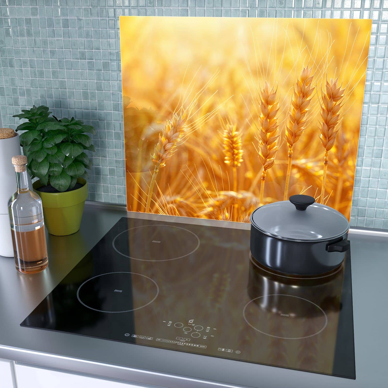 1-teilige Herdabdeckplatten für Ceranfeld mit Goldene Ähren im Abendlicht-Motiv als Spritzschutz hinter dem Kochfeld