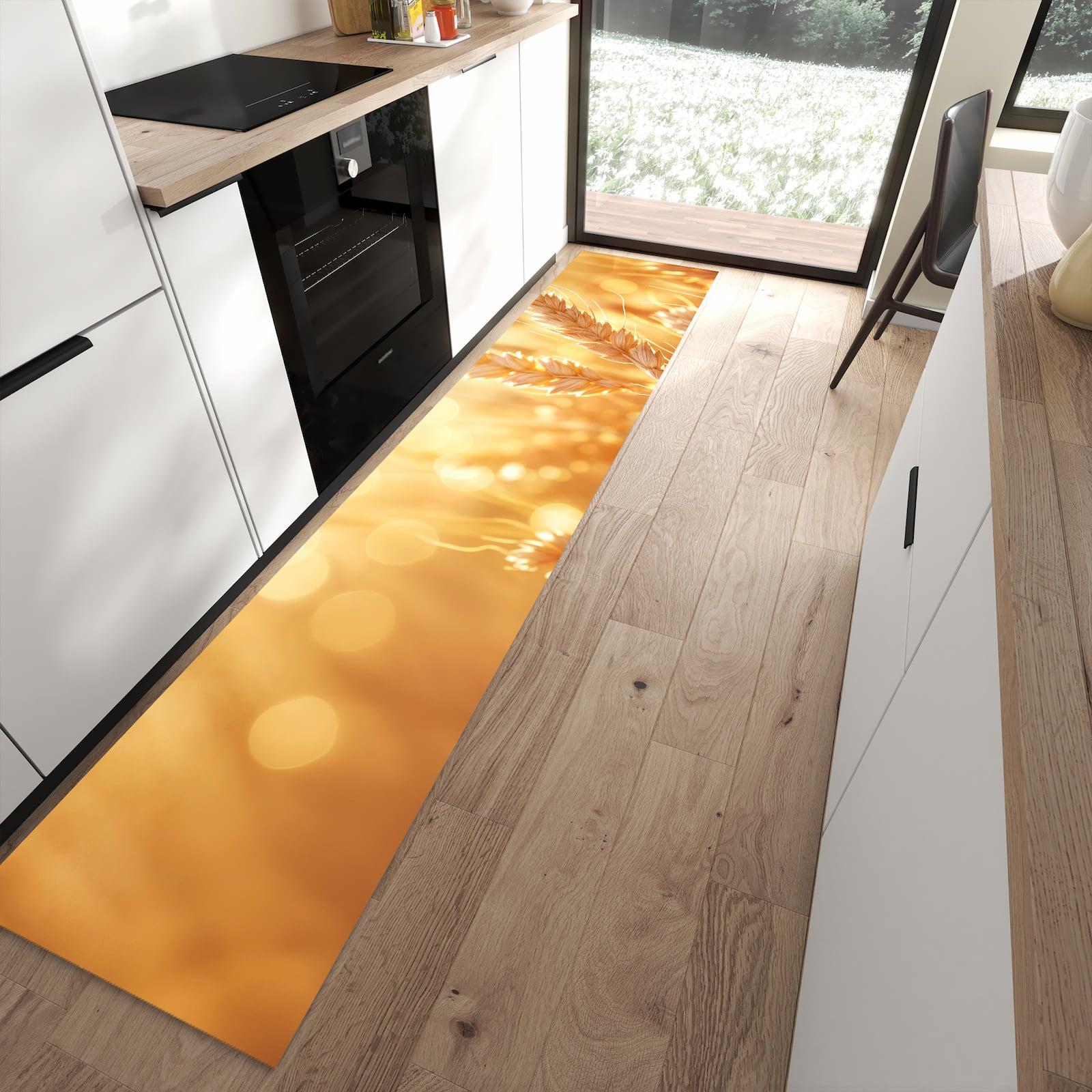 Bodenschonender Küchenläufer mit Motiv Weizenfelder in moderner Küche