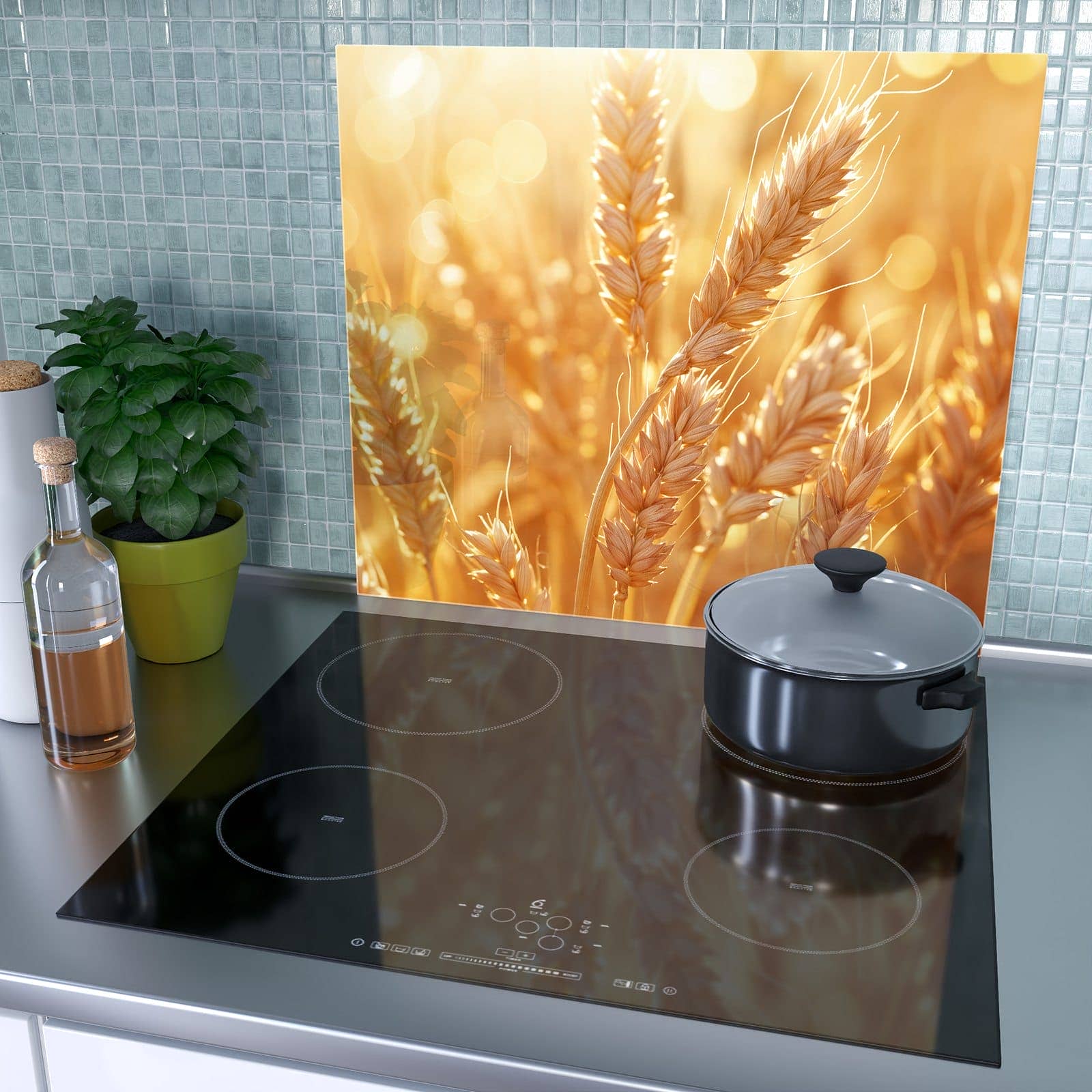1-teilige Herdabdeckplatte mit Weizenfelder-Motiv als Spritzschutz hinter dem Kochfeld