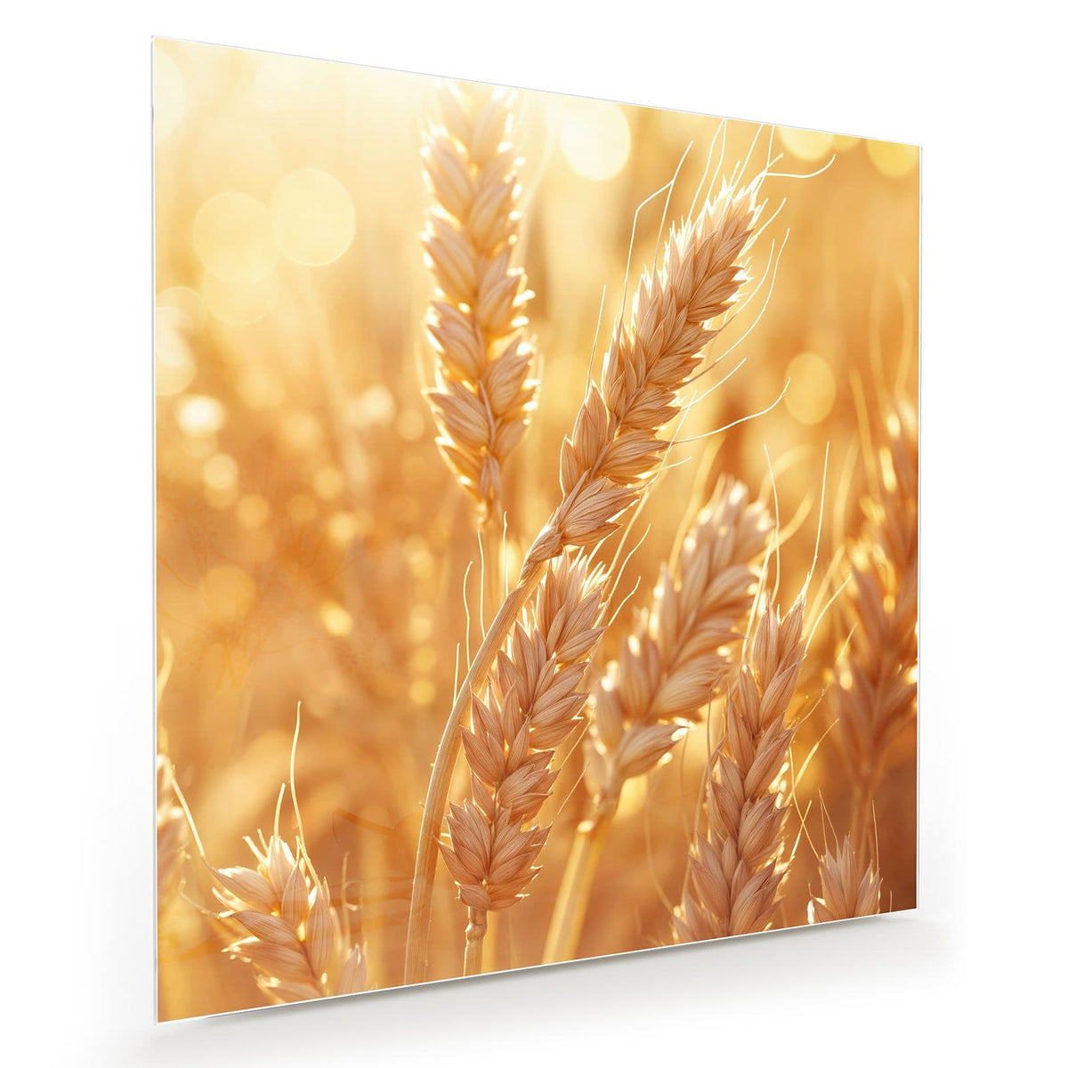 Reife Weizenähren in Nahaufnahme vor goldenem Bokeh