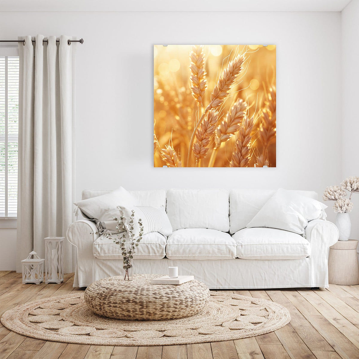 Glasbild Reife Weizenähren an der Wand – Reife Weizenähren in Nahaufnahme vor goldenem Bokeh