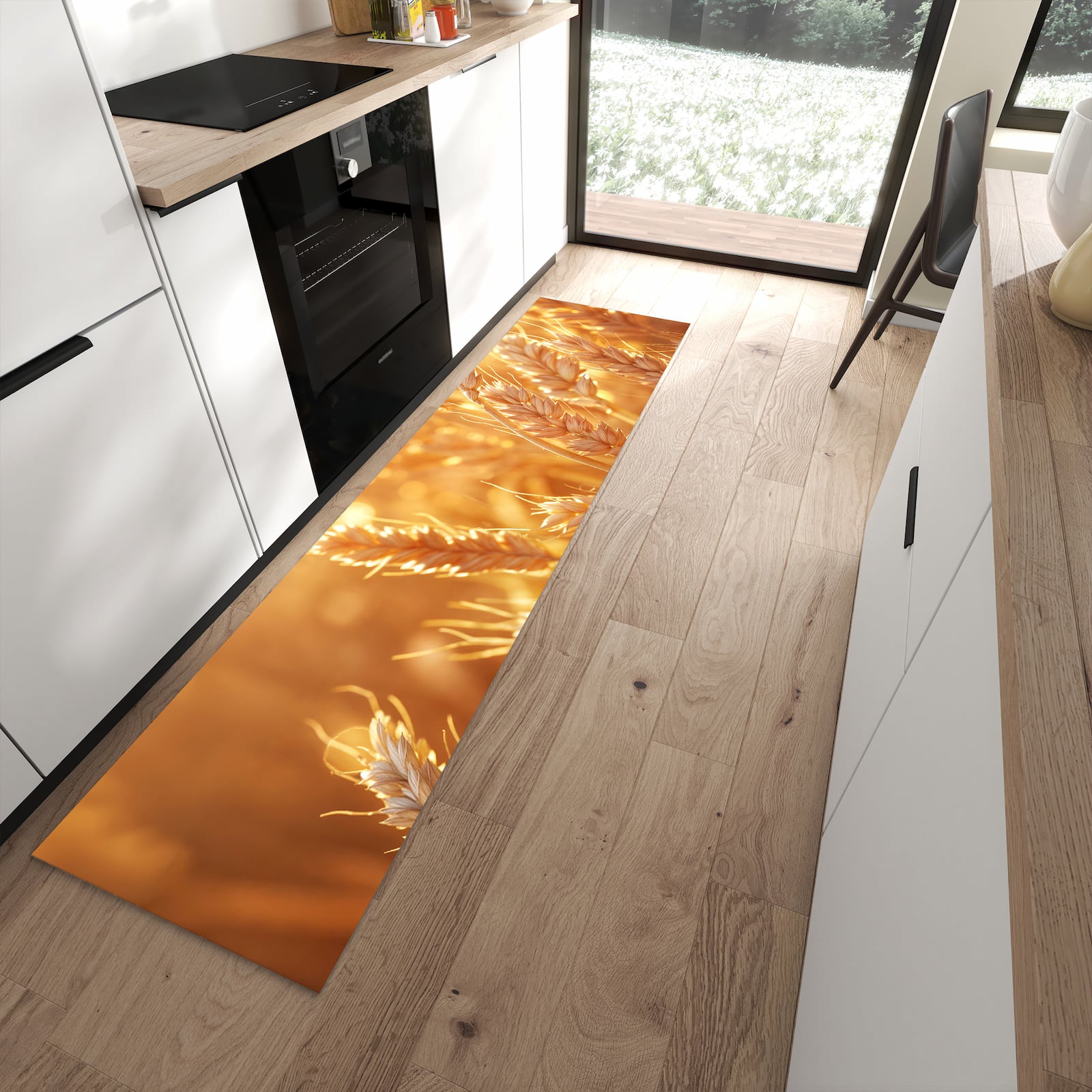 Bodenschonender Küchenteppich mit Motiv Weizenfelder in moderner Küche