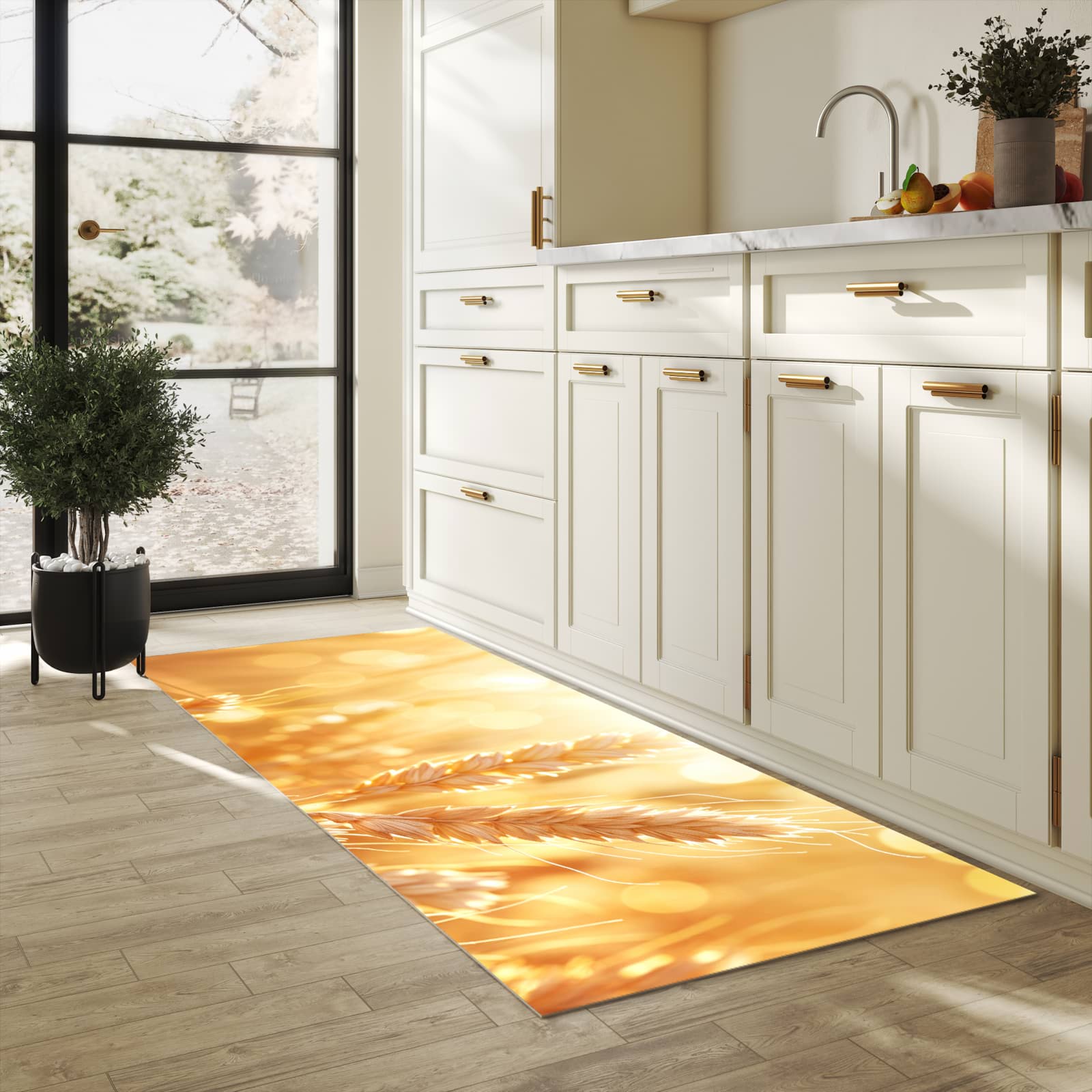 Rutschfester Küchenläufer mit Motiv Weizenfelder für Trittkomfort in heller Küche