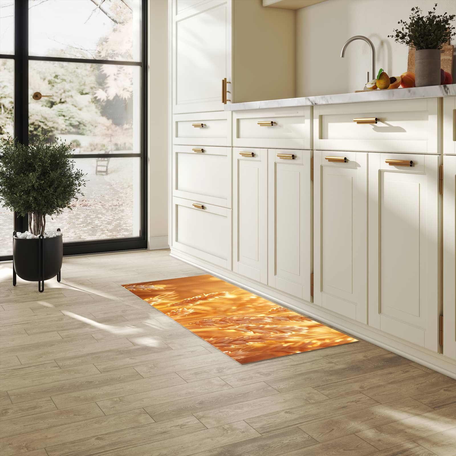 Feuchtigkeitsresistenter Küchenteppich mit Motiv Weizenfelder in heller Küche