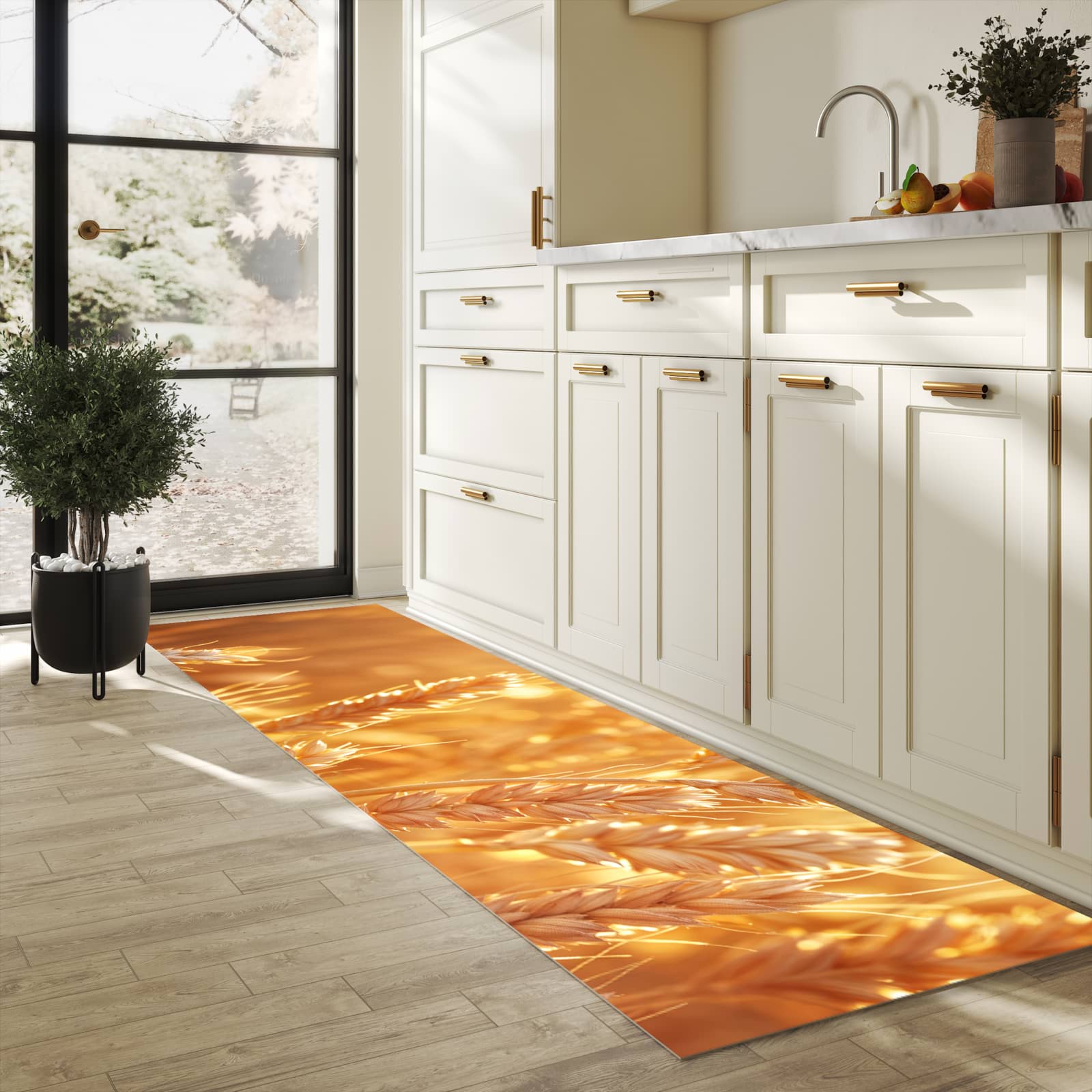 Abriebfester rutschfester Küchenläufer mit Motiv Weizenfelder in heller Küche
