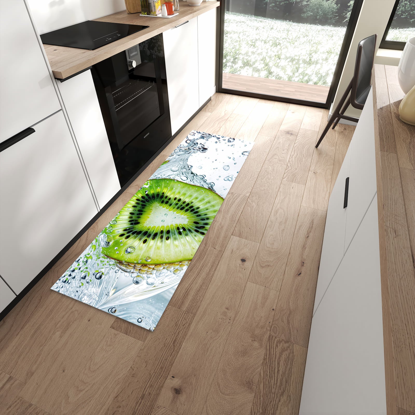 Fleckenresistenter Küchenteppich mit Motiv Kiwi im Wasser in moderner Küche
