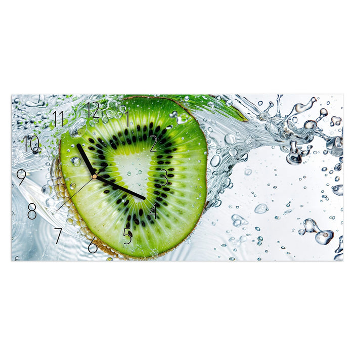 Wanduhr Kiwi im Wasser aus Glas – Querformat 60 × 30 cm mit Ziffernblatt Elegant