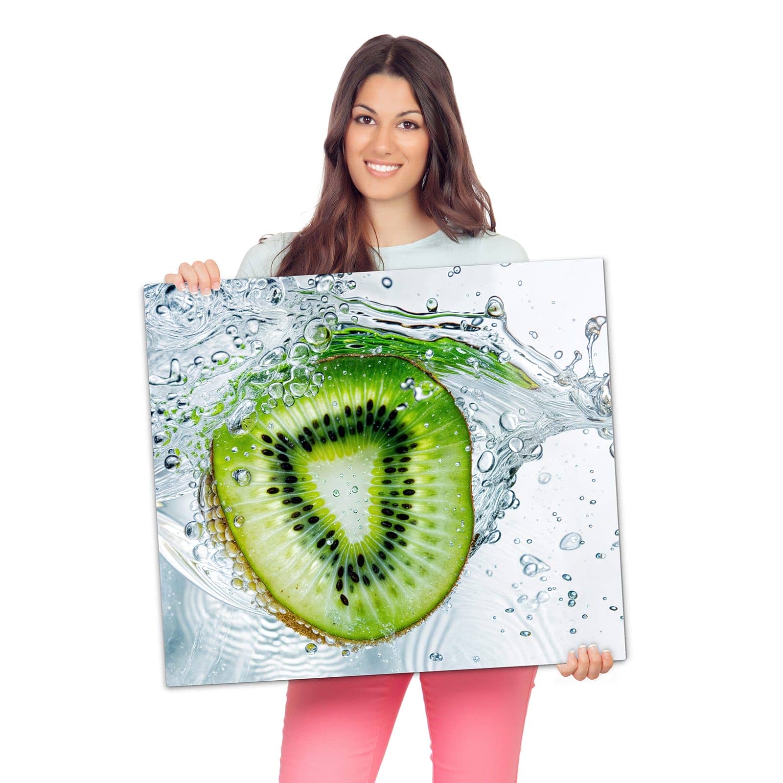 1-teilige Herdabdeckplatte mit Kiwi im Wasser-Motiv wird zur Größendarstellung gehalten