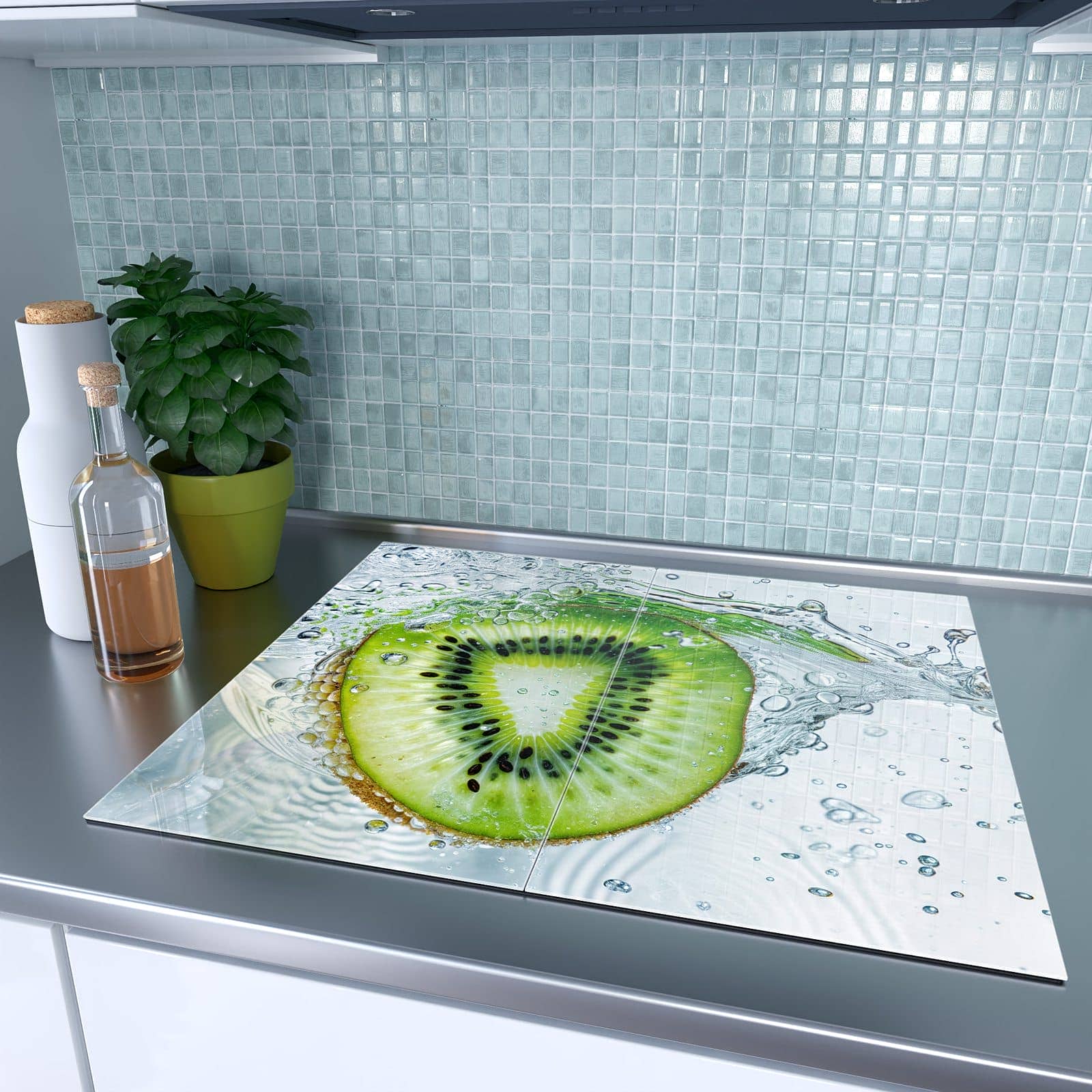2-teilige Herdabdeckplatte mit Kiwi im Wasser-Motiv auf dem Ceranfeld