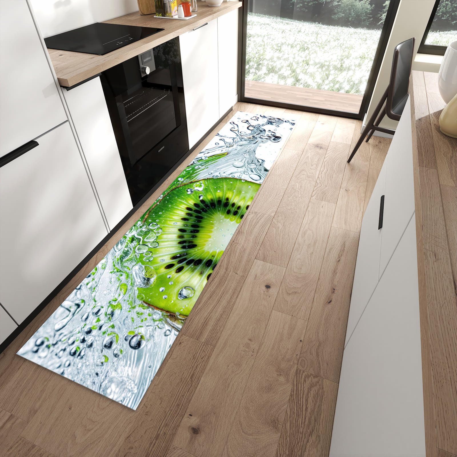 Geruchsneutraler Teppich in Küche mit Motiv Kiwi im Wasser in moderner Küche